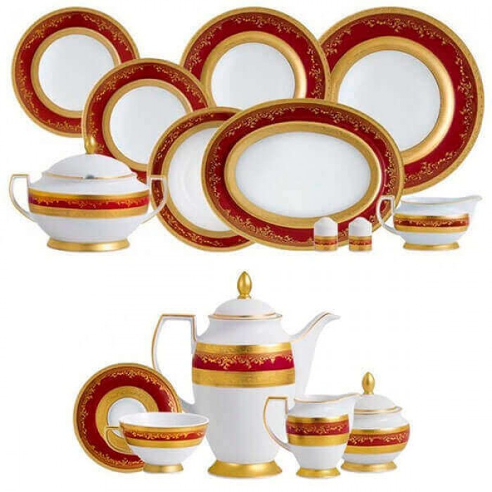 Фарфор Royal Gold - Полный Набор на 12 Персон Бордо (70 Единиц) Фарфор Royal Gold - Полный Набор на 12 Персон Бордо (70 Единиц)